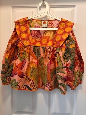 FARM Rio Bold Tropical Balloon-Sleeve Peasant Top - Pink, Orange & Green